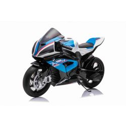 Electric Motorbike BMW HP4 RACE 12V, Licensed, blue, 12V battery, EVA soft wheels, 2 x 35W Engines, Suspension, Metal frame, Metal fork, Auxiliary wheels