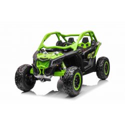 Electric Ride-on car Can-am Maverick, green, two-seater, front and rear suspension, 2.4 Ghz remote controller, portable battery, 4 x 35W Engines, EVA wheels, adjustable driver seat, MP3 player with USB/SD input, Licensed