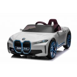 Electric Ride-on car BMW i4, white, 2.4 GHz remote control, USB / AUX / Bluetooth, Rear wheel suspension, 12V battery, LED lights, 2 X 25W Engine, ORIGINAL license