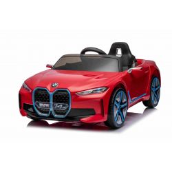 Electric Ride-on car BMW i4, red, 2.4 GHz remote control, USB / AUX / Bluetooth, Rear wheel suspension, 12V battery, LED lights, 2 X 25W Engine, ORIGINAL license