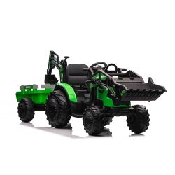 Electric tractor TOP-WORKER 12V with ladles and trailer, Single seater, green, 2,4Ghz Remote controller, soft PU seat, MP3 Player with USB input, Rear drive, 2 x 45W Motor, EVA wheels, 12V / 10Ah battery