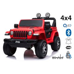 Electric Ride-On JEEP Wrangler, Red, Double Leatherette Seat, Radio with Bluetooth and USB Input, 4x4 Drive, 12V10Ah Battery, EVA Wheels, Suspension Axles, 2.4 GHz Remote Control, Licensed