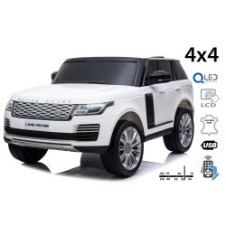 Electric Ride-On Range Rover, White, double leatherette seat , LCD Display with USB Input, 4x4 Drive, 2x 12V7Ah Battery, EVA Wheels, Suspension Axles, Key start, 2.4 GHz Bluetooth Remote Control