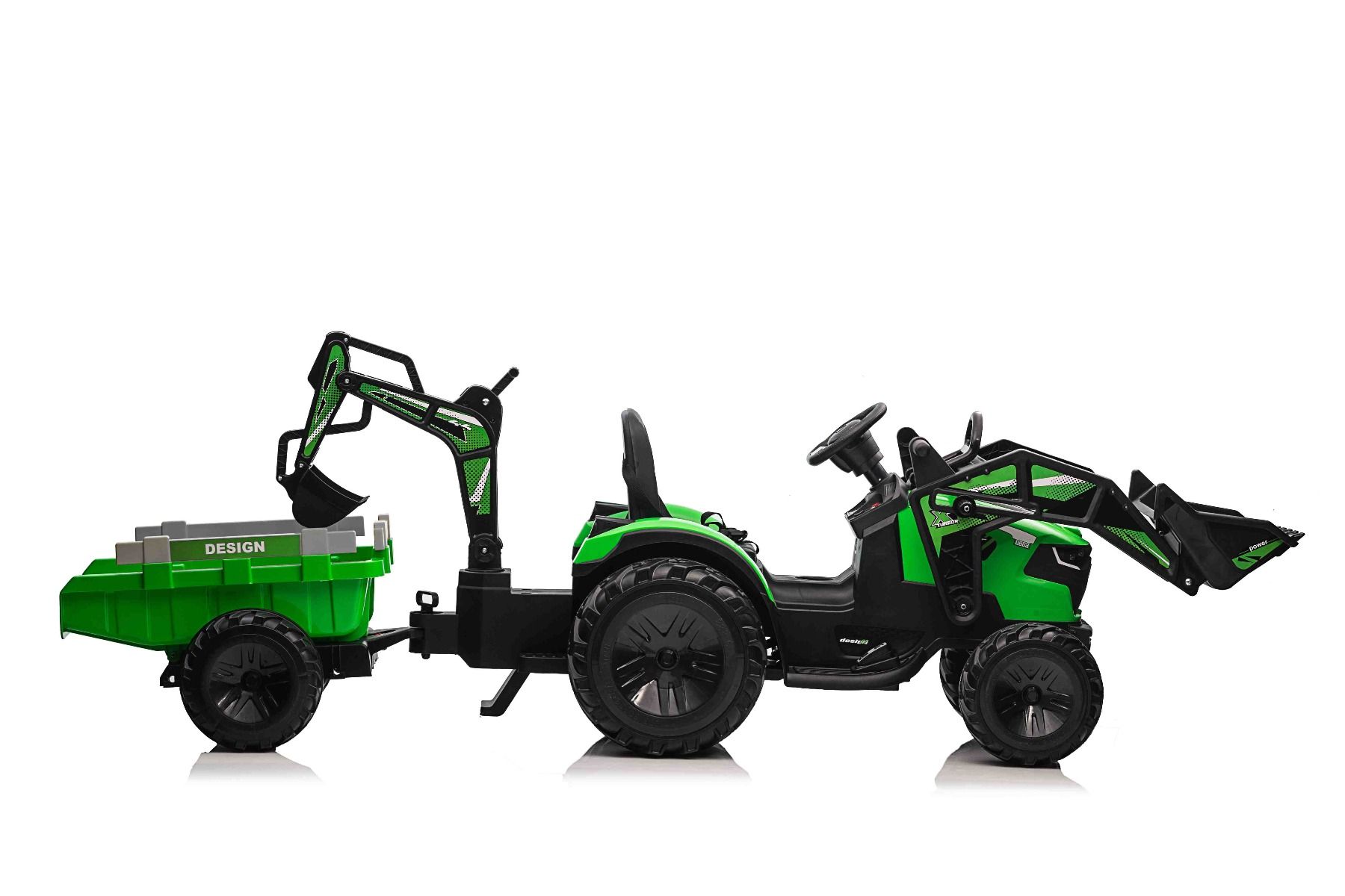 Elektrischer Traktor TOP-WORKER 12V mit Front-/Hecklader und Anhänger,  Einsitzer, grün, weicher PU-Sitz, MP3-Player mit USB-Eingang,  Hinterradantrieb, 2 x 45W Motor, EVA-Räder, 12V / 10Ah Akku