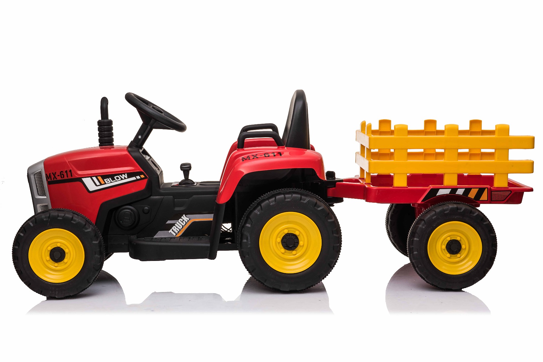 Electric Tractor WORKERS with trailer, red, Rear wheel drive, 12V battery,  Plastic wheels, wide seat, 2.4 GHz Remote control, MP3 player with USB+  Bluetooth, LED Lights